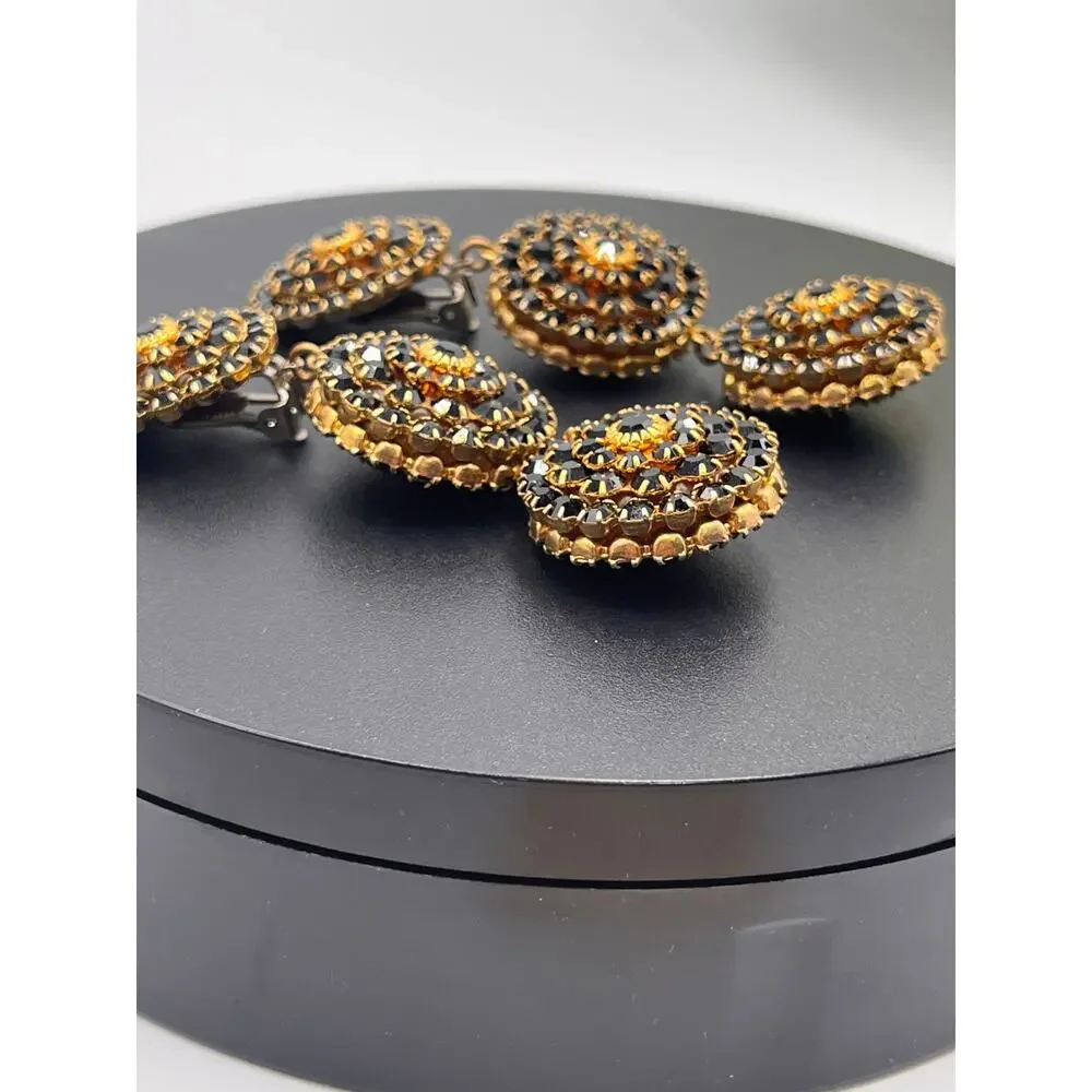 Mistar Bijoux Deadstock 3D Puff‎ Three Drop Dangle Crystal Gold Clip on Earrings